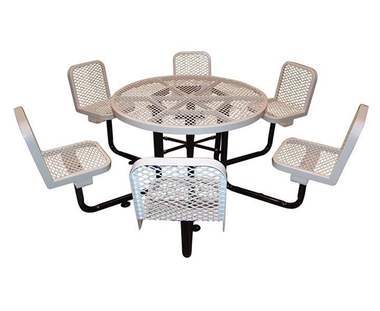 Individual seat picnic table with separate mounted seats surrounding a round perforated metal table for flexible seating
